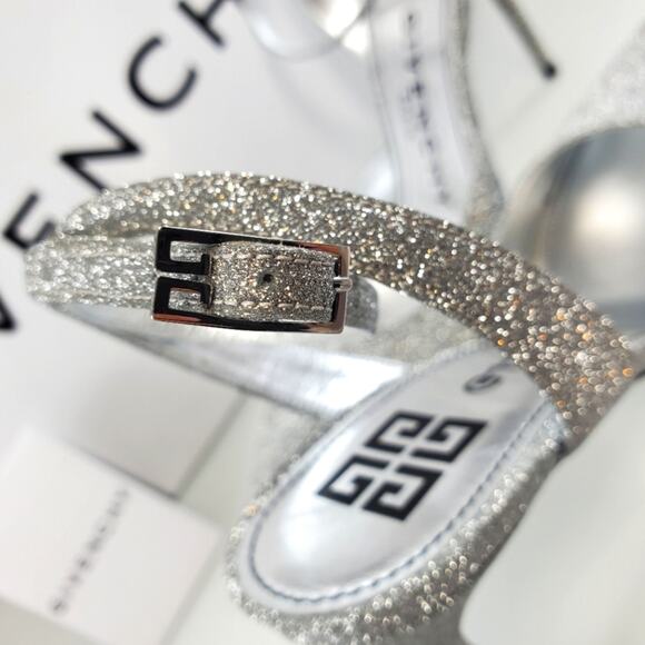 NWT$825 Givenchy Logo Ankle-Strap Silver Glitter Leather Pumps 100 Heels Sz 9 - Picture 13 of 16